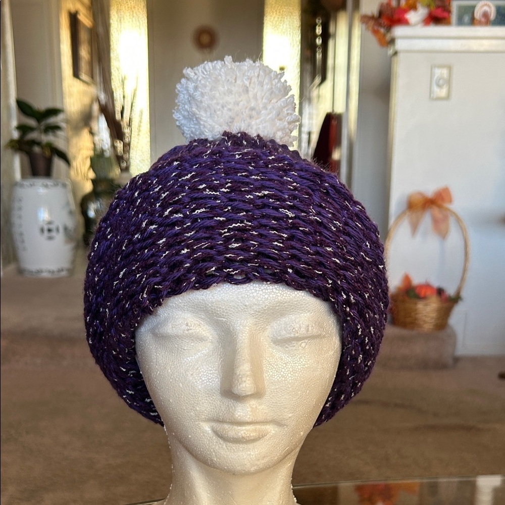 Purple and White Knit Beanie